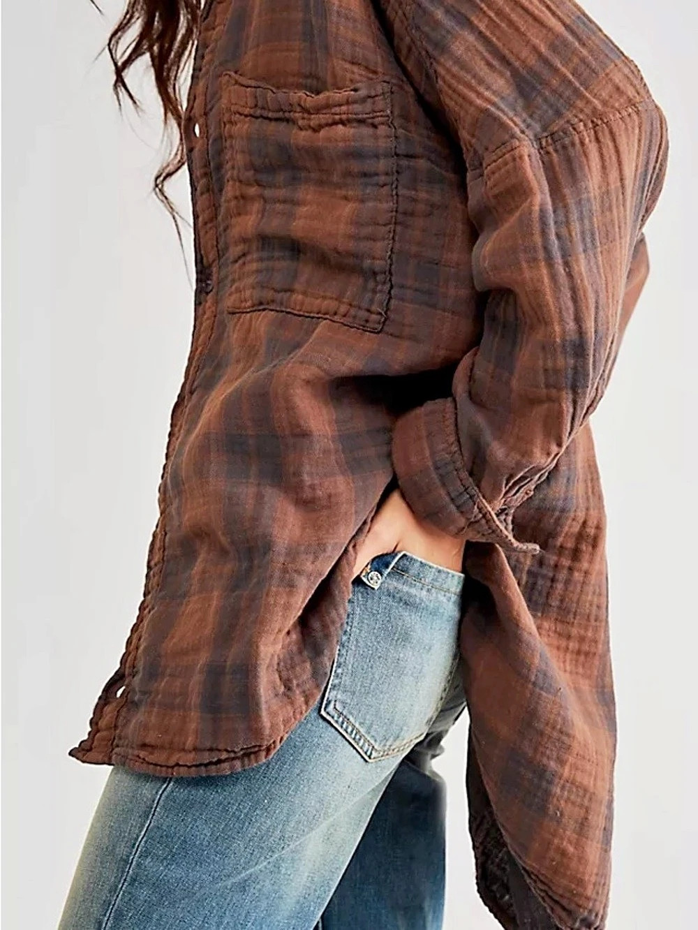 Free People x CP Shades Ruffle Plaid Shirt Brown & Blue - Picture 6 of 6